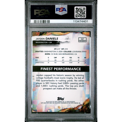 Jayden Daniels 2024 Topps Finest Rookie Card graded PSA GEM MT 10 by professional sports authenticator