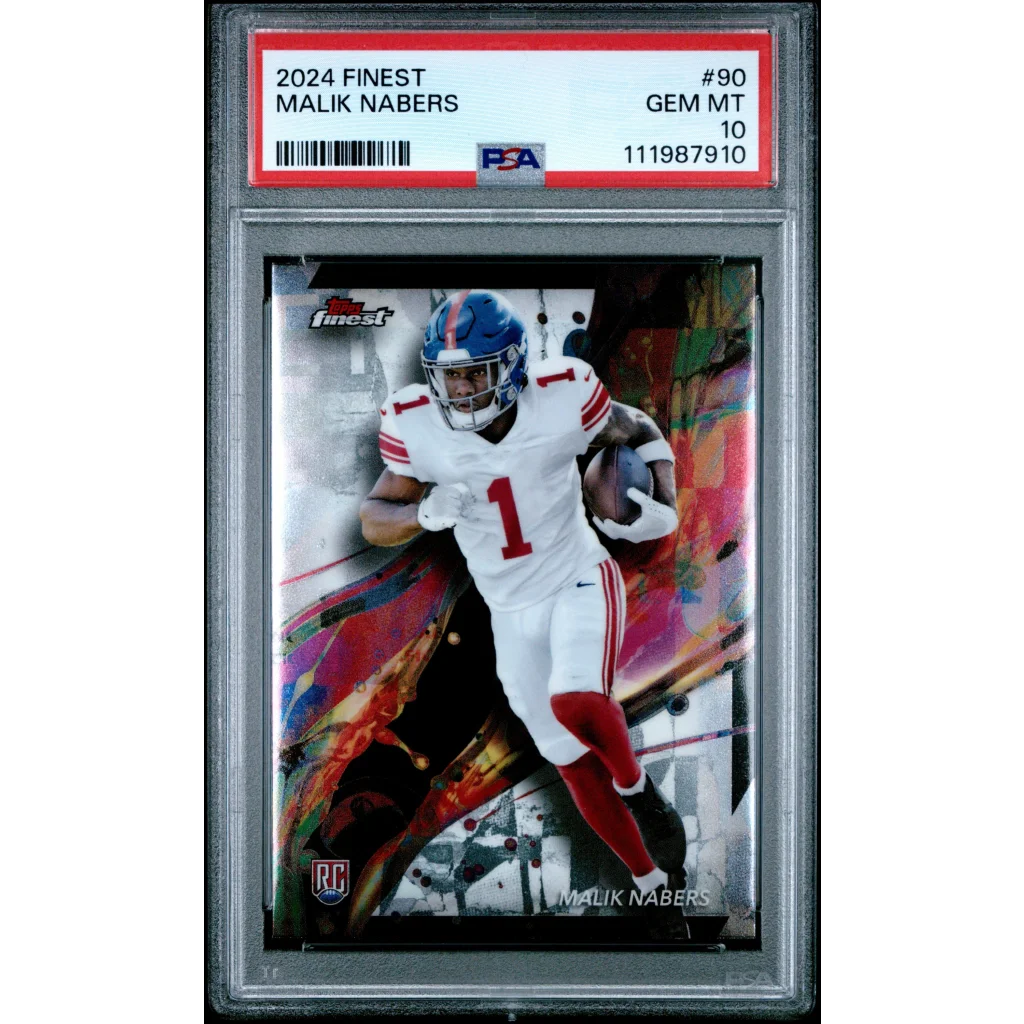 A graded 2024 Finest Malik Nabers football rookie card in PSA holder