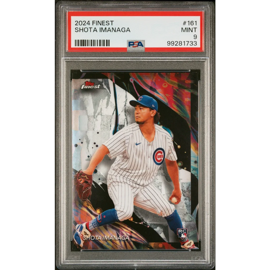 PSA graded 2024 Topps Finest Shota Imanaga rookie baseball card on display