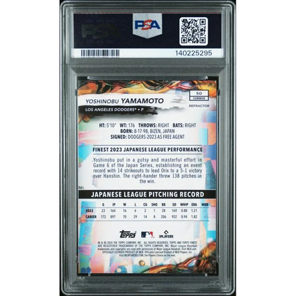 Graded PSA 10 2024 Topps Finest Yoshinobu Yamamoto #50 Refractor RC card
