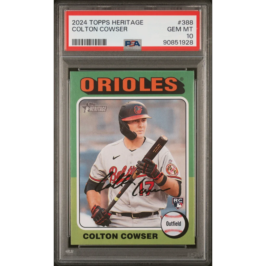 Graded 2024 Topps Heritage Colton Cowser baseball card in PSA case
