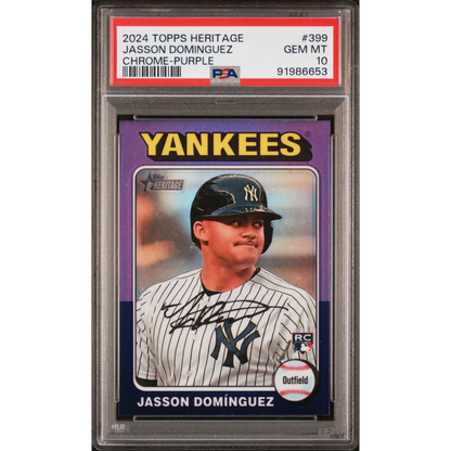Graded 2024 Topps Heritage Jasson Dominguez #399 Chrome Purple Rookie RC Baseball Card PSA 10 Gem Mint | Hall of Fame Sports Memorabilia | vintageantiquesgifts.com