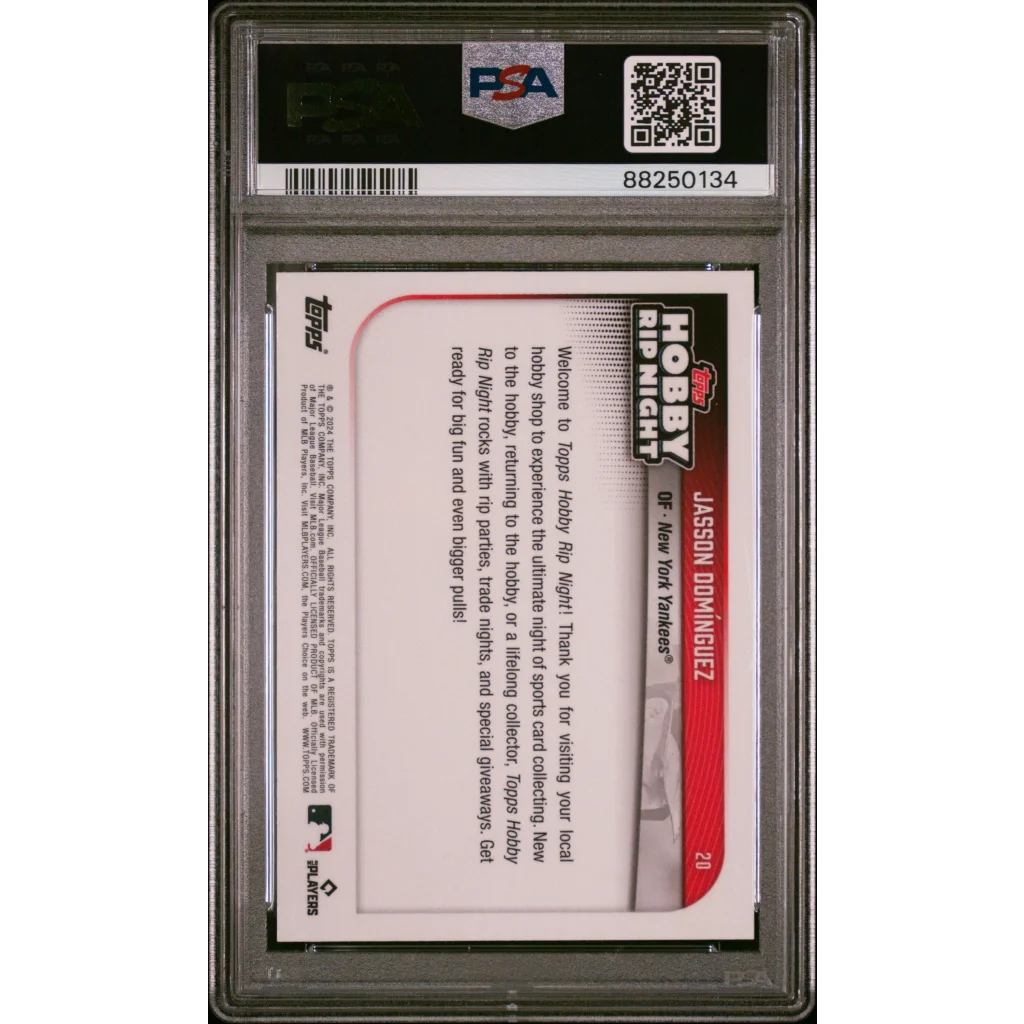 A graded Jasson Dominguez baseball card in PSA Premium Collectible display