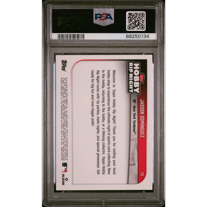 A graded Jasson Dominguez baseball card in PSA Premium Collectible display