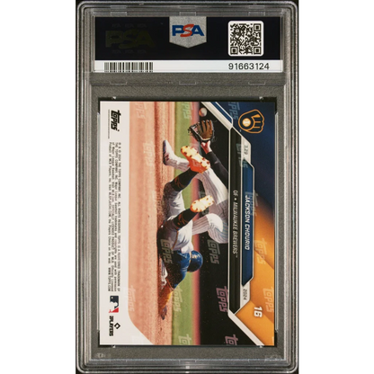 A graded Jackson Chourio 2024 Topps Now baseball card in PSA Treasure case