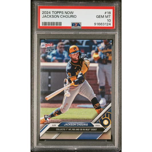Graded 2024 Topps Now Jackson Chourio #16 Rookie RC Baseball Card PSA 10 Gem Mint | Hall of Fame Sports Memorabilia | vintageantiquesgifts.com