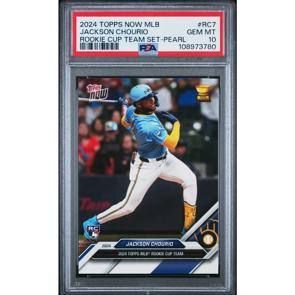Graded 2024 Topps Now Jackson Chourio #RC7 Rookie Cup Team Set Pearl Rookie RC Baseball Card PSA 10 Gem Mint | Hall of Fame Sports Memorabilia | vintageantiquesgifts.com