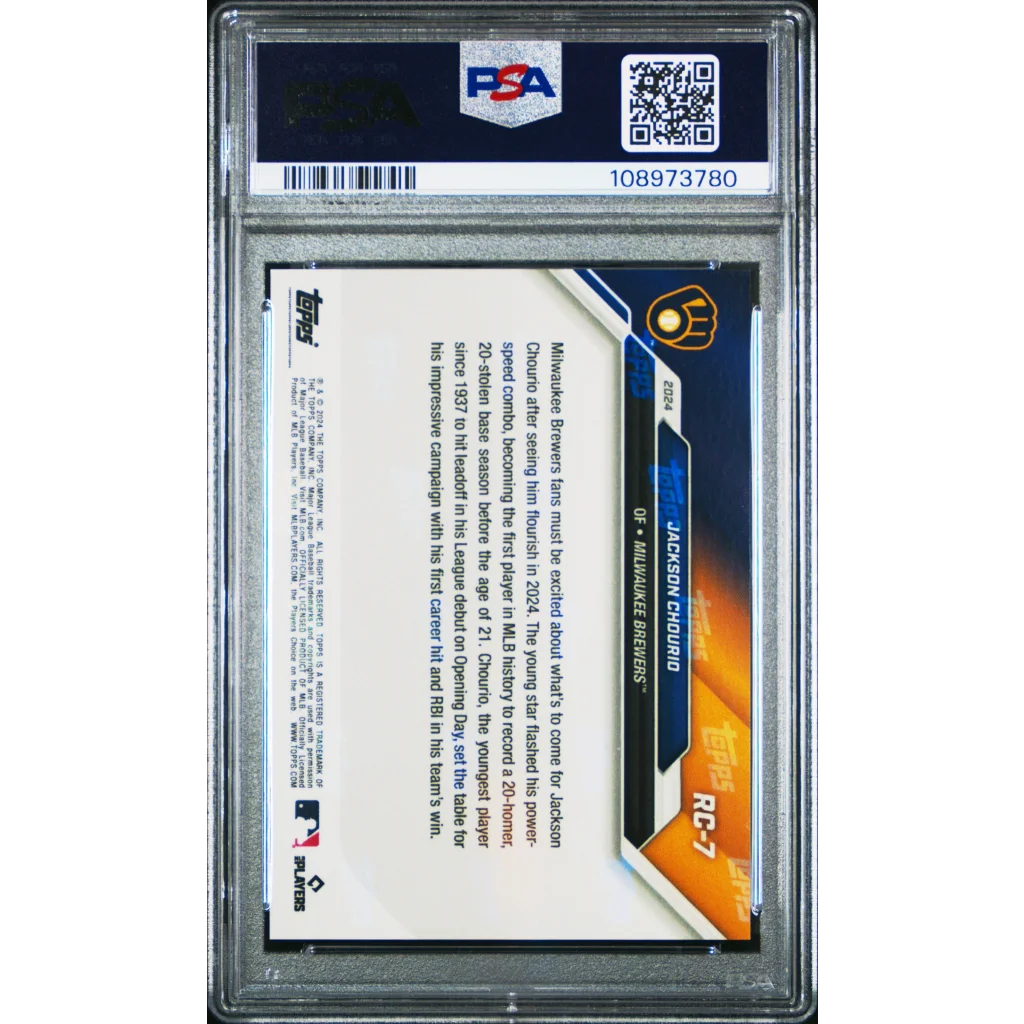 Graded 2024 Topps Now Jackson Chourio #RC7 Rookie Cup Team Set Pearl Rookie RC Baseball Card PSA 10 Gem Mint | PSA 10 Gem Mint Graded Rookie Card | vintageantiquesgifts.com