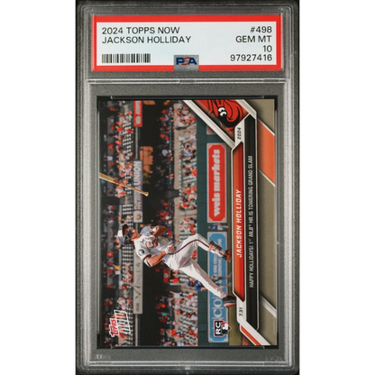 A graded 2024 Topps Now Jackson Holliday baseball card in PSA Treasure case