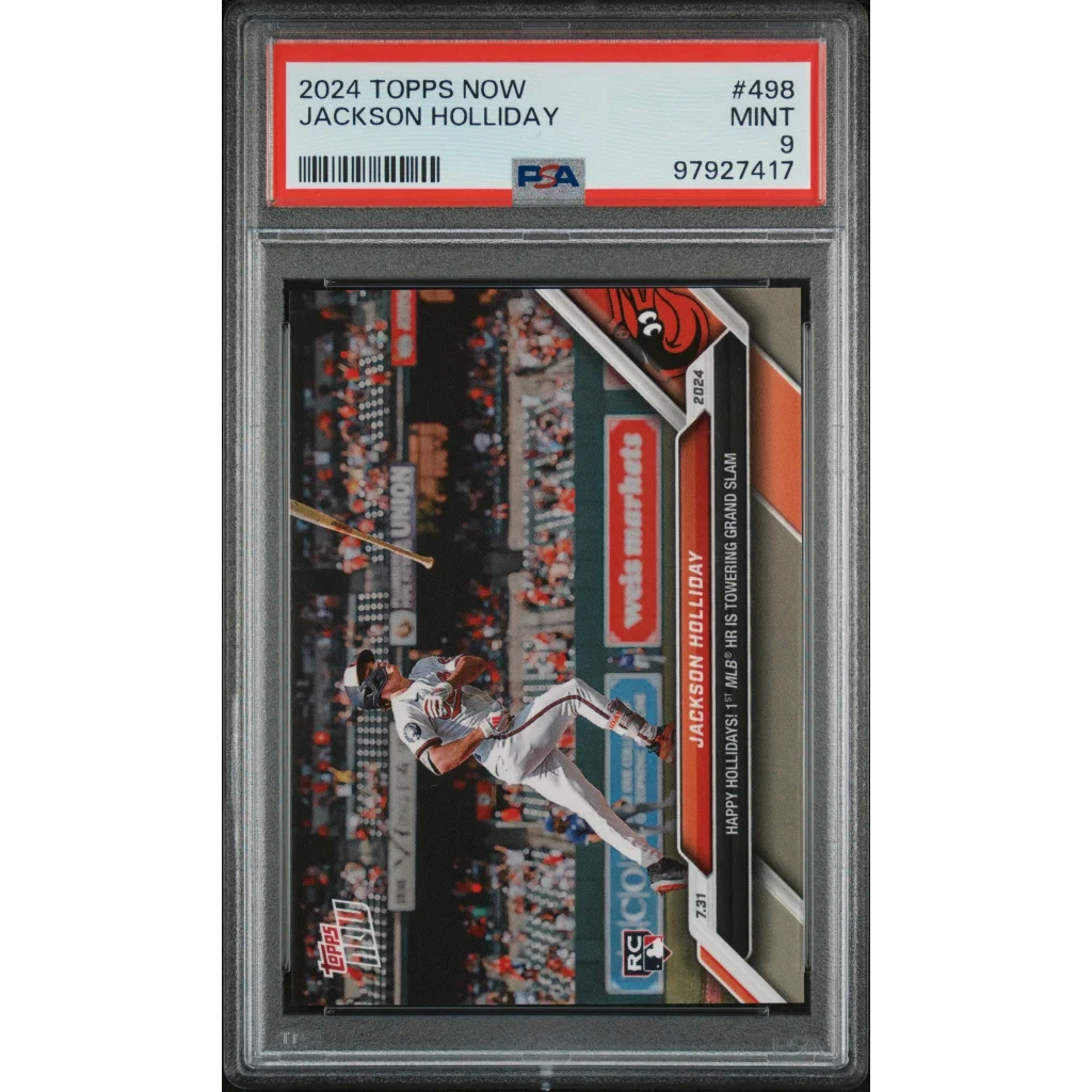 PSA Graded 2024 Topps Now Jackson Holliday baseball card on display