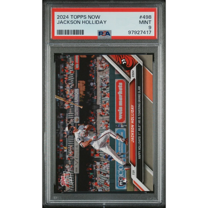 PSA Graded 2024 Topps Now Jackson Holliday baseball card on display