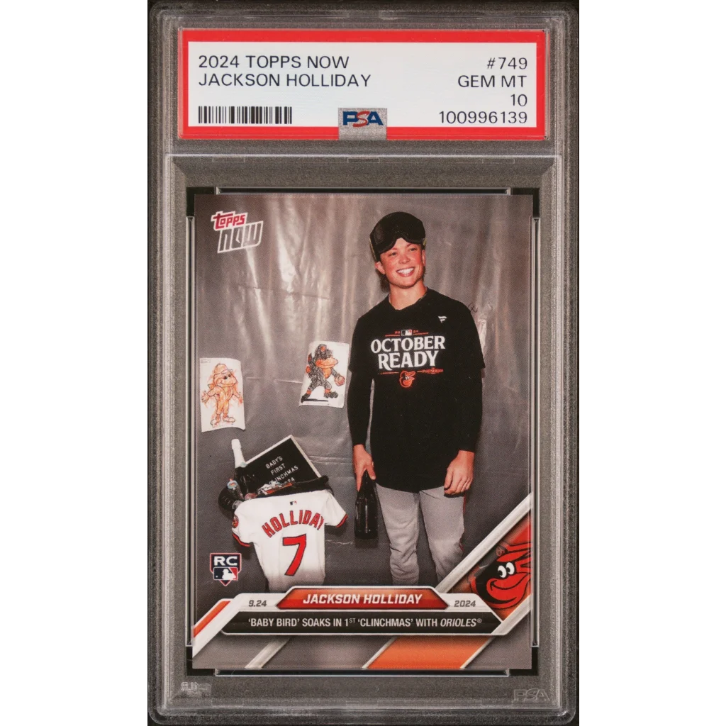 PSA graded 2024 Topps Now Jackson Holliday baseball card on display