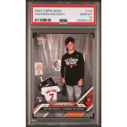 PSA graded 2024 Topps Now Jackson Holliday baseball card on display