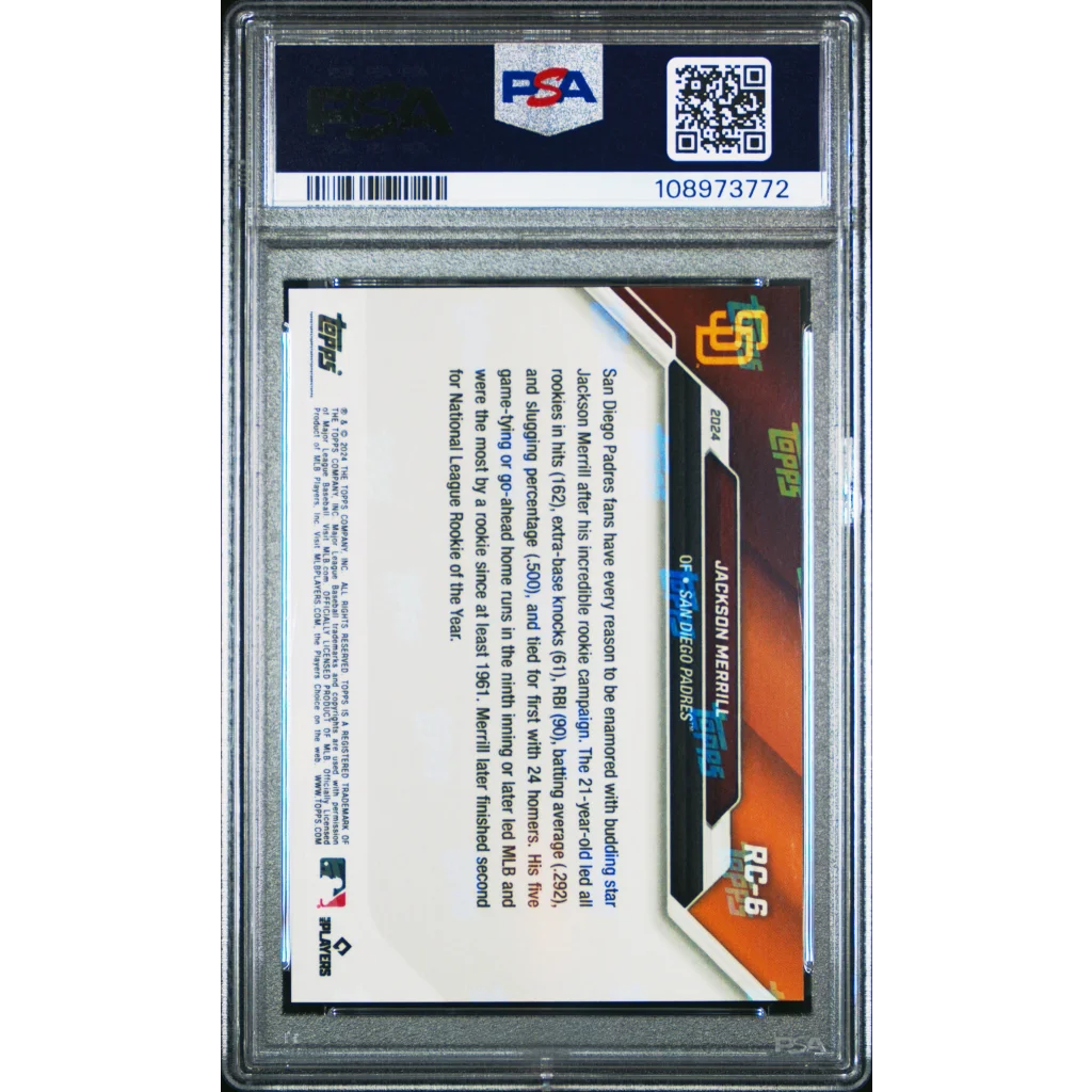 Graded 2024 Topps Now Jackson Merrill #RC6 Rookie Cup Team Set Rookie RC Baseball Card PSA 10 Gem Mint | PSA 10 Gem Mint Graded Rookie Card | vintageantiquesgifts.com