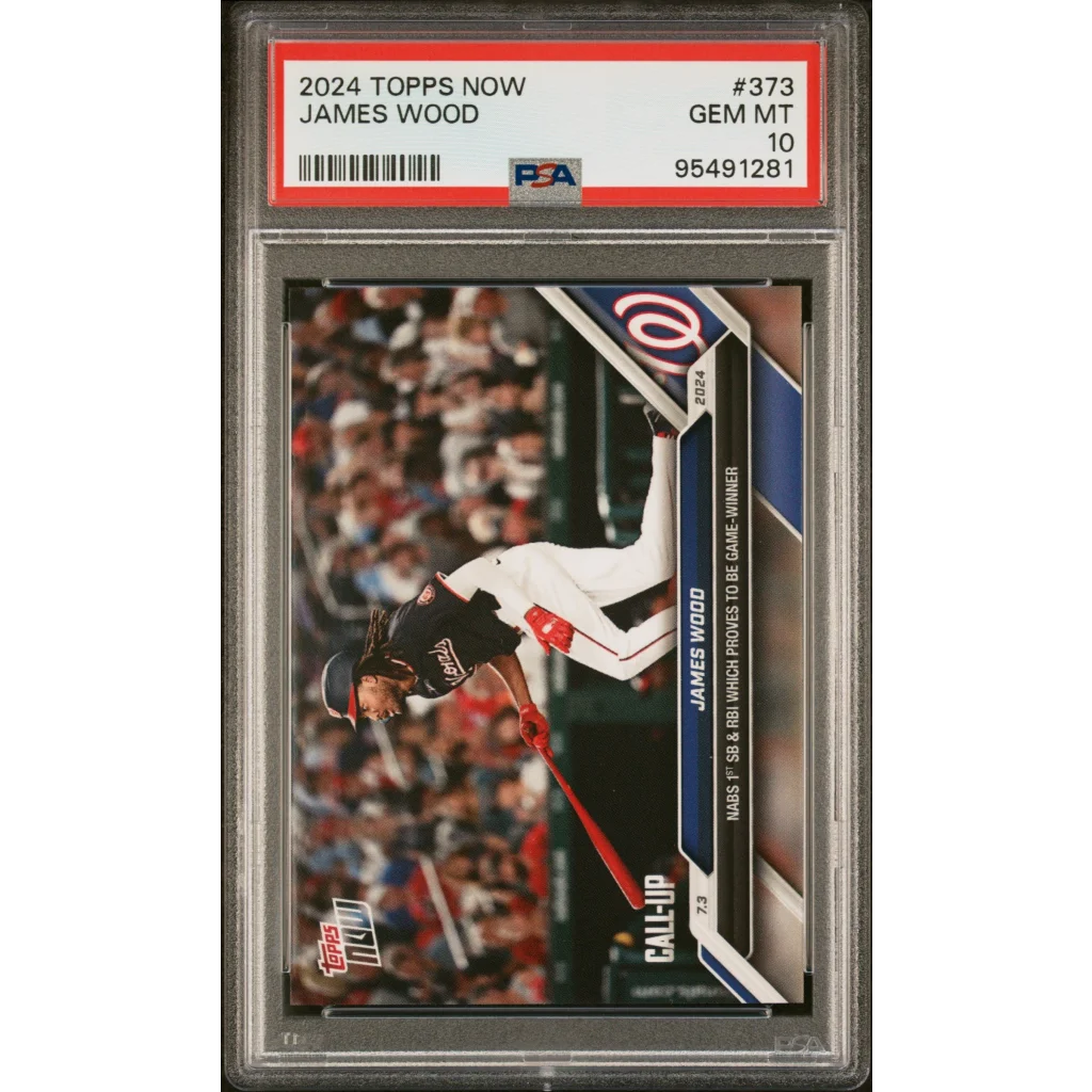 Graded PSA 10 2024 Topps Now James Wood #373 Rookie RC mid-swing