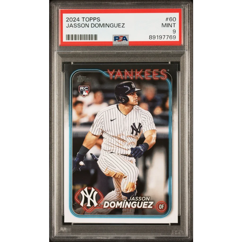 PSA Graded 2024 Topps Jasson Dominguez baseball card on display