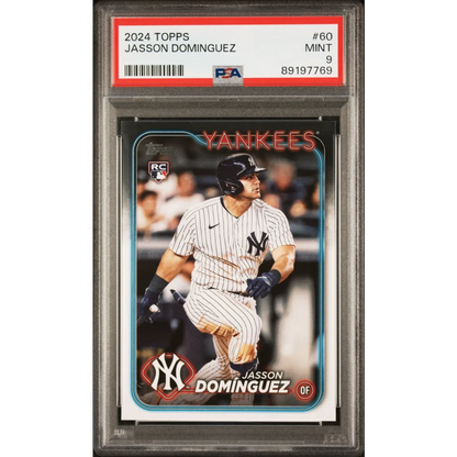 PSA Graded 2024 Topps Jasson Dominguez baseball card on display