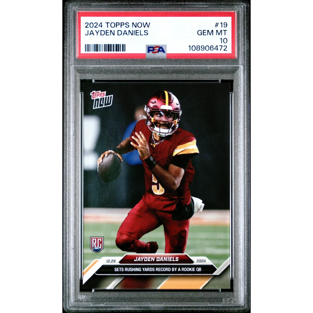 PSA Graded 2024 Topps Now Jayden Daniels football rookie card on display