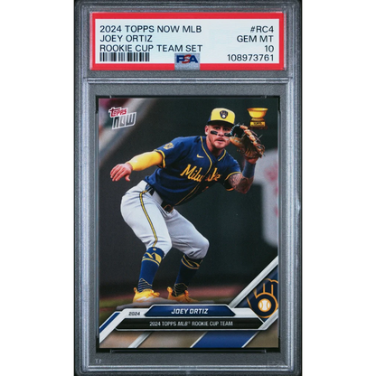 PSA graded Joey Ortiz 2024 Topps Now MLB Rookie Cup baseball card on display