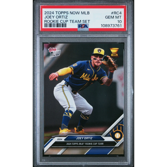 PSA graded Joey Ortiz 2024 Topps Now MLB Rookie Cup baseball card on display