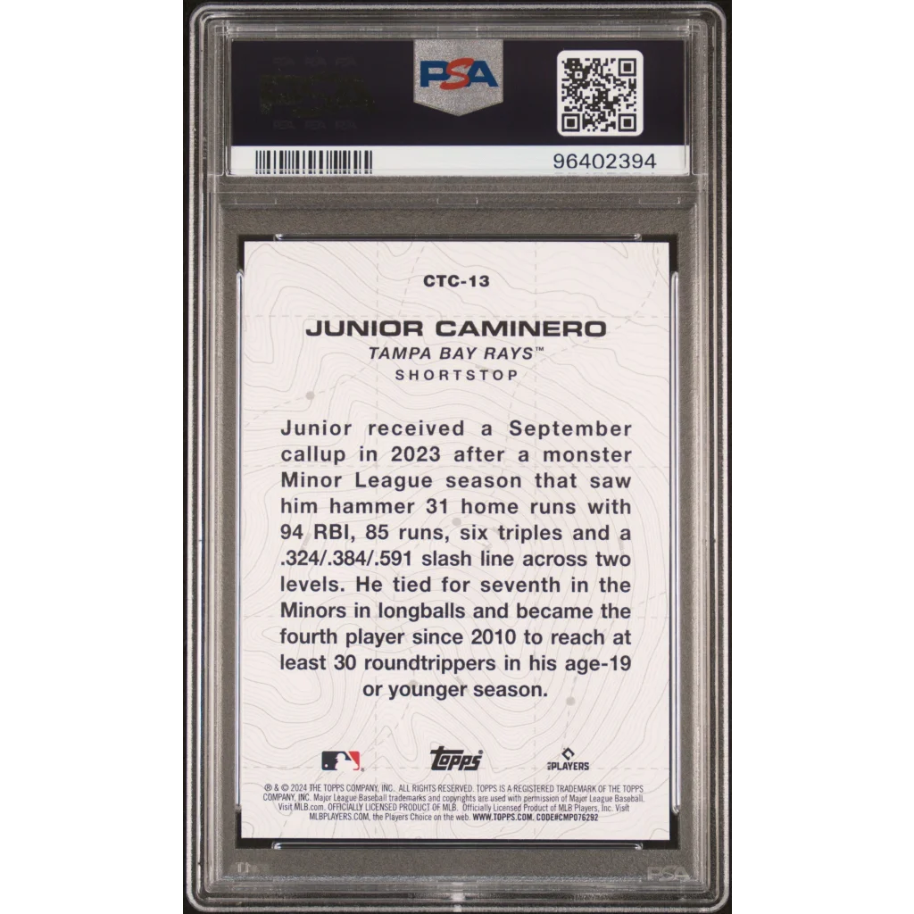 PSA graded Junior Caminero baseball card from Tampa Bay Rays by professional sports authenticator