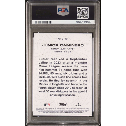 PSA graded Junior Caminero baseball card from Tampa Bay Rays by professional sports authenticator