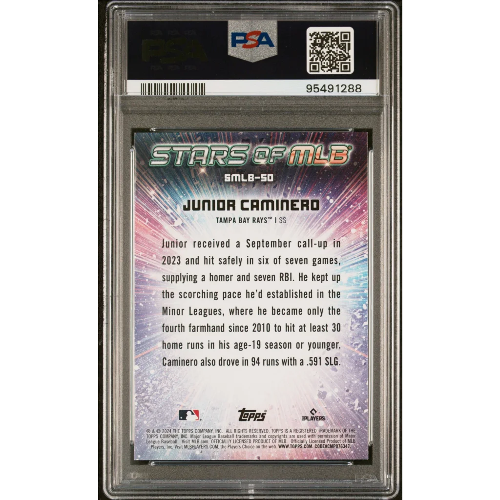 A graded PSA 10 Junior Caminero 2024 Topps Rookie Card GEM MINT perfection