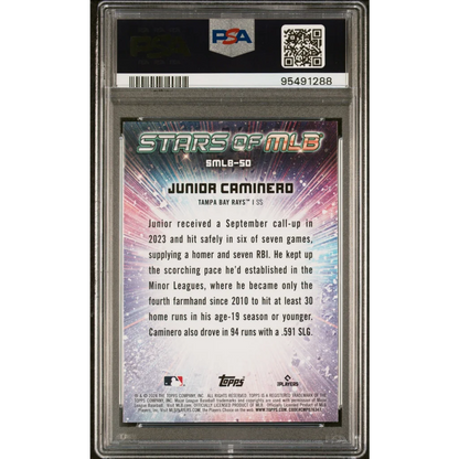 A graded PSA 10 Junior Caminero 2024 Topps Rookie Card GEM MINT perfection