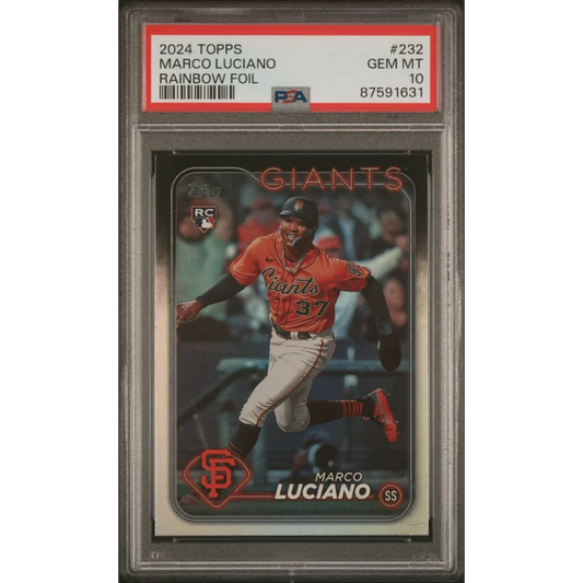 Graded 2024 Topps Marco Luciano #232 Rainbow Foil Rookie RC Baseball Card PSA 10 Gem Mint | Hall of Fame Sports Memorabilia | vintageantiquesgifts.com