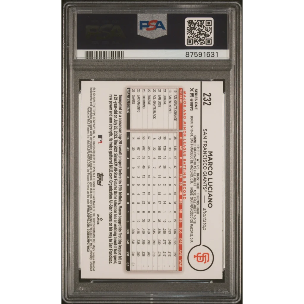 Graded 2024 Topps Marco Luciano #232 Rainbow Foil Rookie RC Baseball Card PSA 10 Gem Mint | PSA 10 Gem Mint Graded Rookie Card | vintageantiquesgifts.com