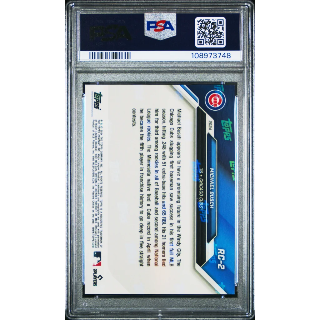 PSA Graded Michael Busch Topps Now MLB Rookie Cup Card on display