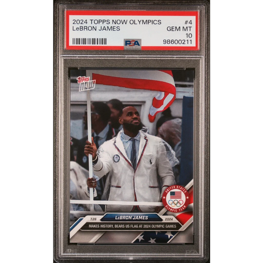PSA Graded 2024 Topps Now Olympics LeBron James trading card on display