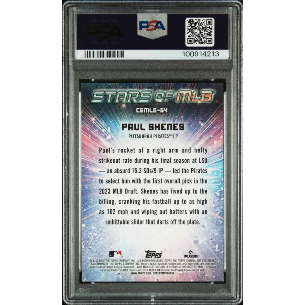 Graded 2024 Topps chrome stars of MLB rookie baseball card featuring Paul Skenes in a PSA 10 gem mint slab