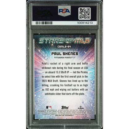 Graded 2024 Topps chrome stars of MLB rookie baseball card featuring Paul Skenes in a PSA 10 gem mint slab