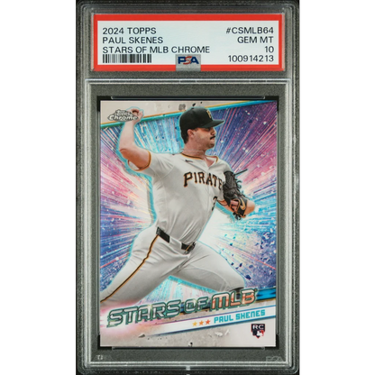 Graded 2024 Topps Chrome Paul Skenes rookie baseball card in white Pittsburgh Pirates uniform mid-pitch cosmic background PSA 10