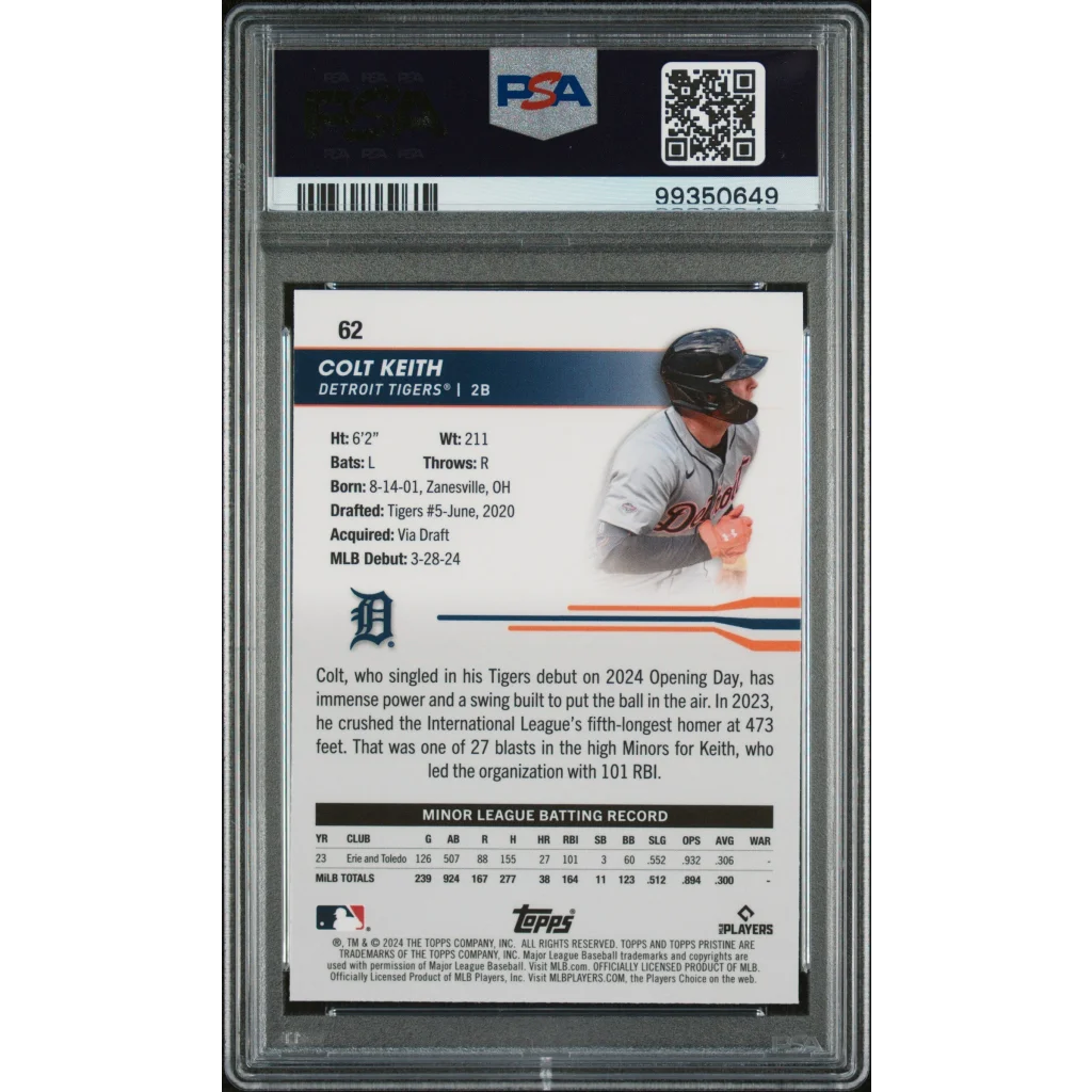 PSA graded 2024 Topps Pristine Colt Keith baseball card in protective case
