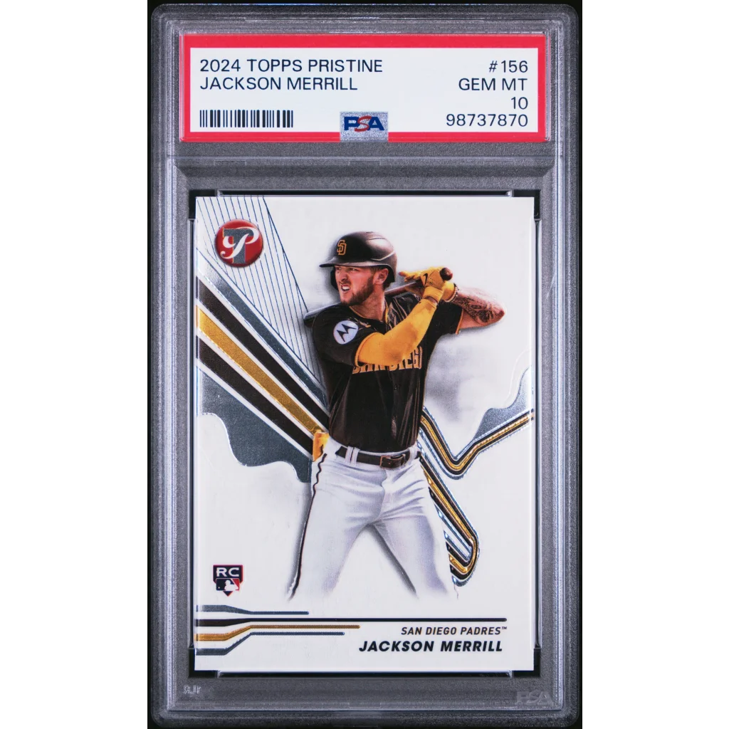 A graded Gem Mint 10 Jackson Merrill 2024 Topps Pristine Rookie Card in PSA 10 case