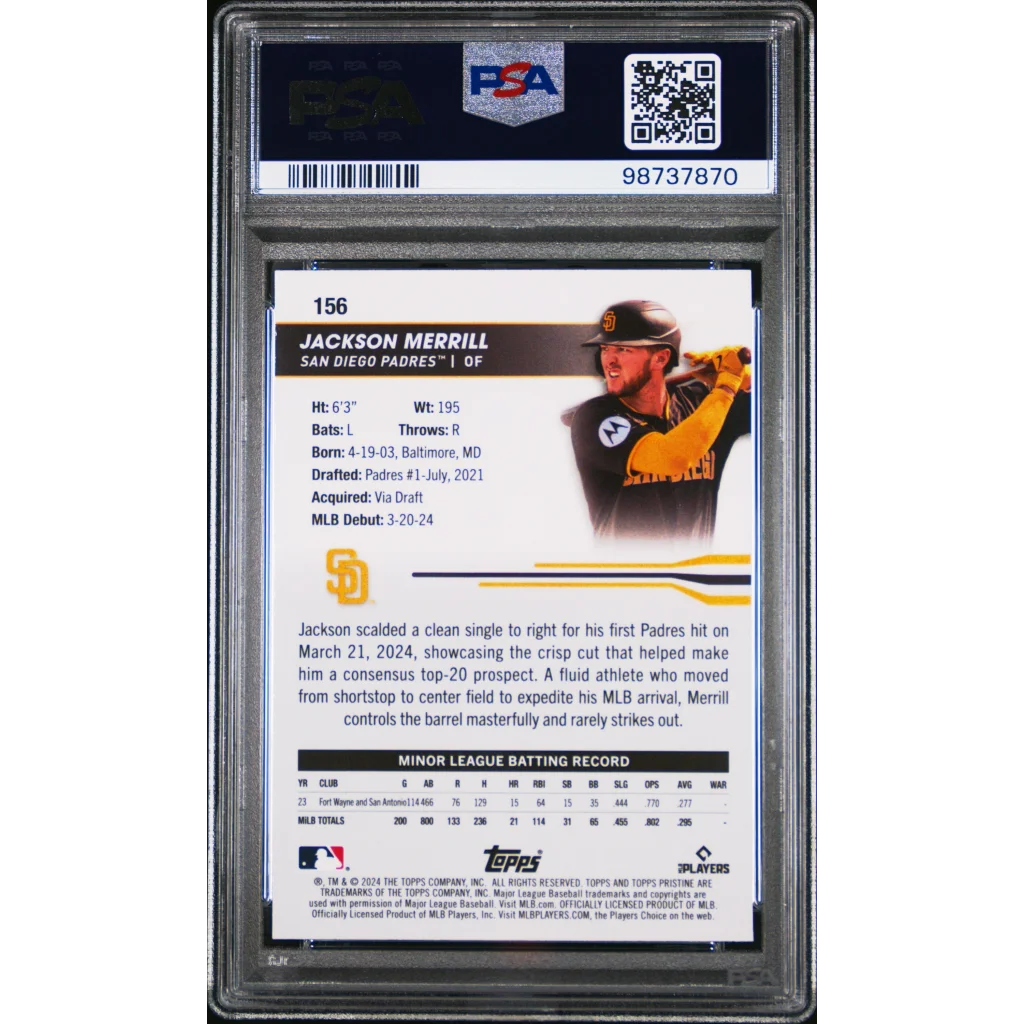 Jackson Merrill 2024 Topps Pristine Rookie Card in PSA 10 Gem Mint slab