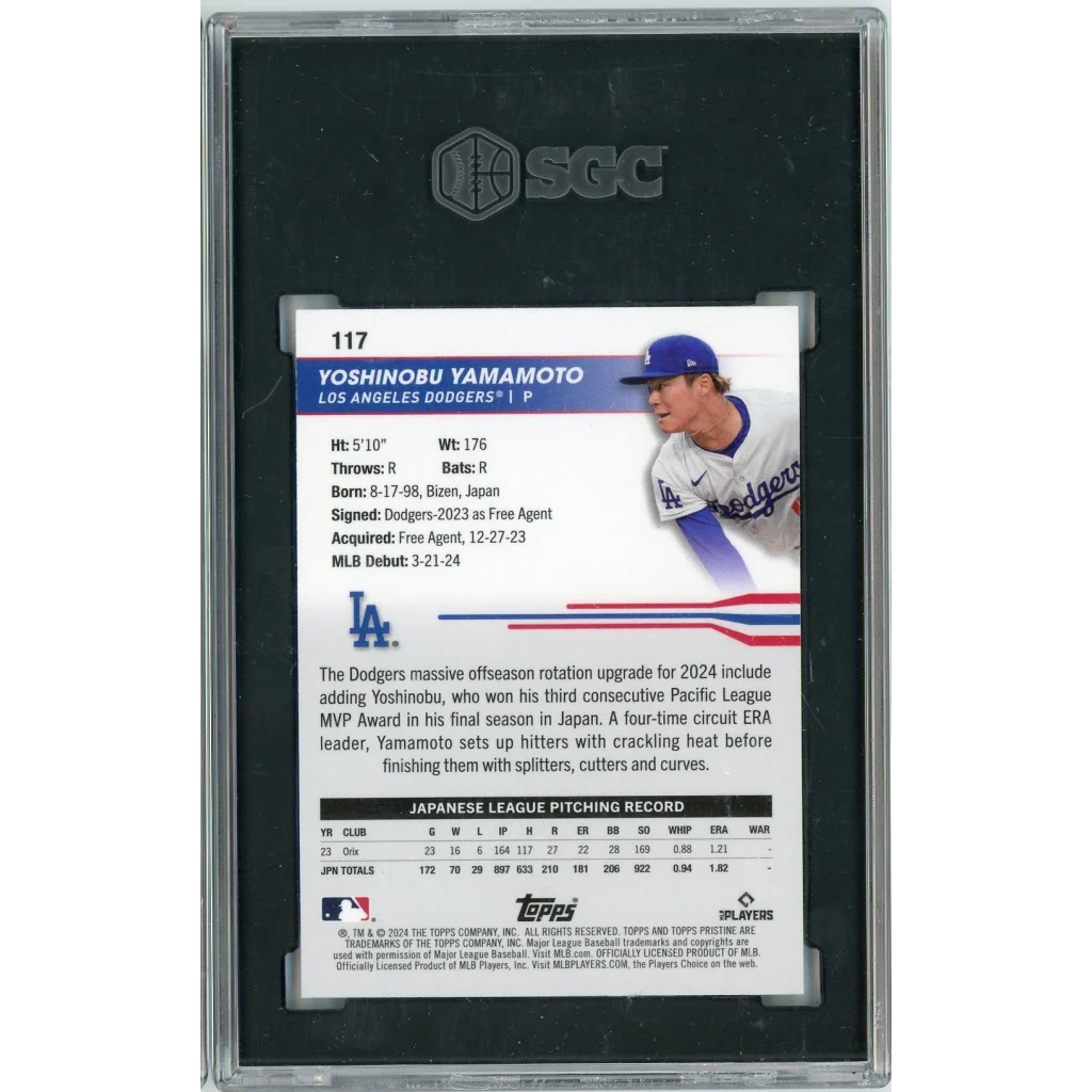 Graded 2024 Topps Pristine Yoshinobu Yamamoto #117 /99 Purple Refractor Rookie RC Baseball Card SGC 10 Gem Mint | SGC 10 Gem Mint Graded Rookie Card | vintageantiquesgifts.com