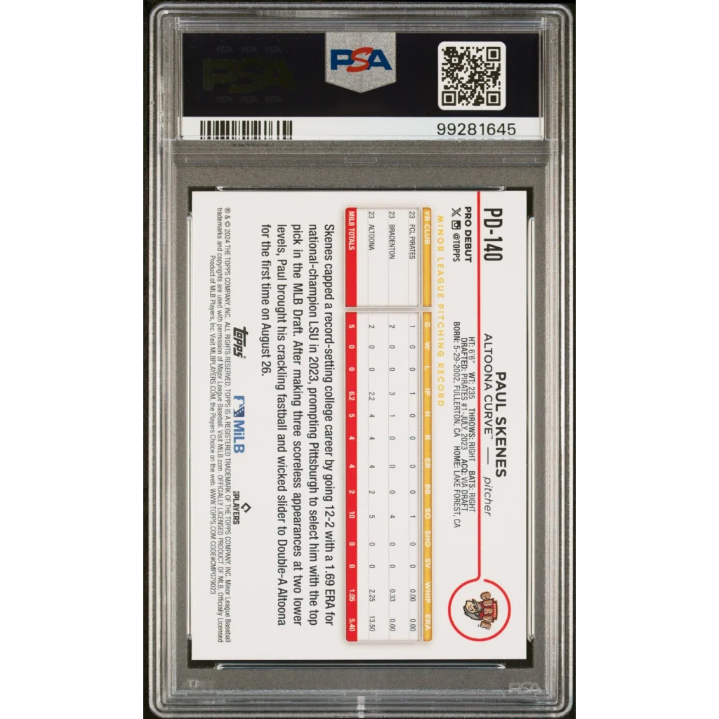 Graded PSA 10 Paul Skenes 2024 Topps Pro Debut baseball card by professional sports authenticator