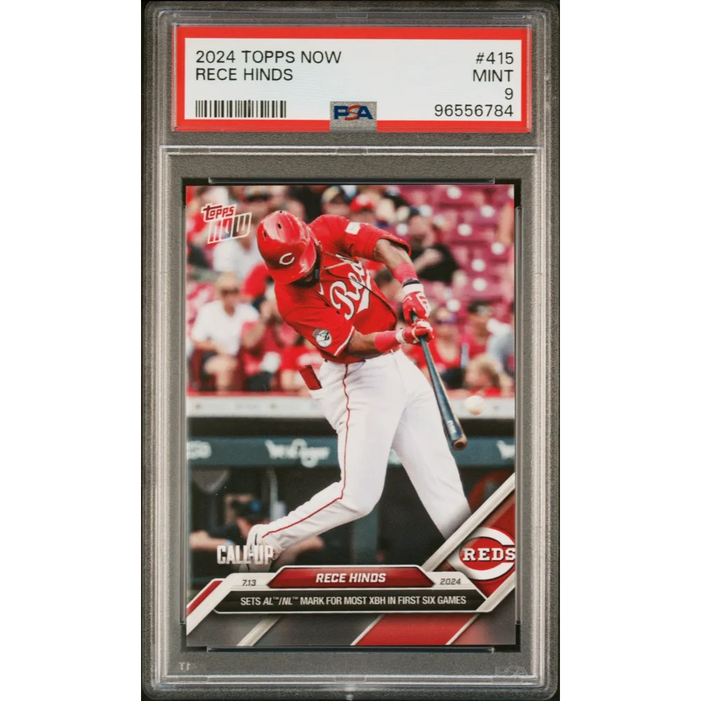 A graded 2024 Topps Now Rece Hinds baseball card in PSA holder