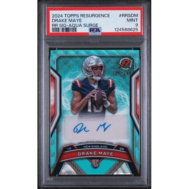 Graded 2024 Topps Resurgence Drake Maye #RRSDM /249 Aqua Surge Auto Rookie RC Football Card PSA 9 Mint | Hall of Fame Sports Memorabilia | vintageantiquesgifts.com
