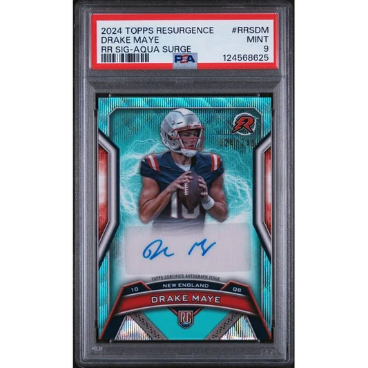 Graded 2024 Topps Resurgence Drake Maye #RRSDM /249 Aqua Surge Auto Rookie RC Football Card PSA 9 Mint | Hall of Fame Sports Memorabilia | vintageantiquesgifts.com