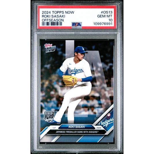 PSA graded 2024 Topps Now Roki Sasaki baseball card showing vibrant design