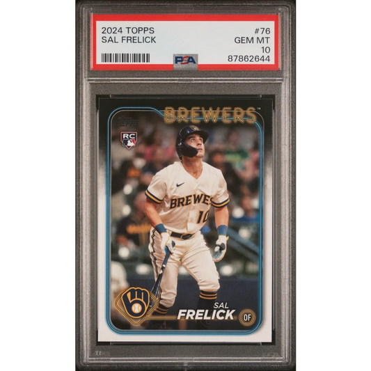 Graded 2024 Topps Sal Frelick baseball card in PSA Treasure display