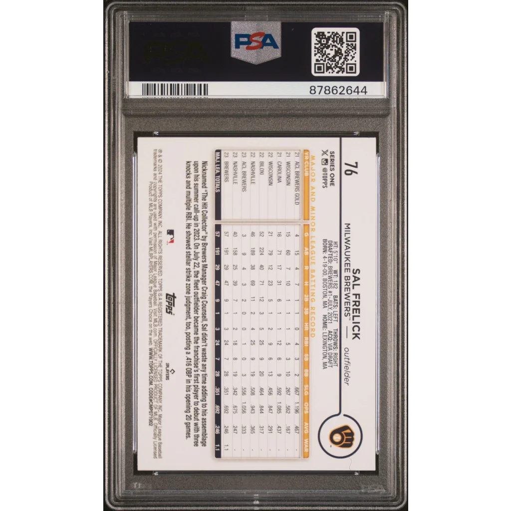 Graded 2024 Topps Sal Frelick Baseball Card in PSA Treasure display