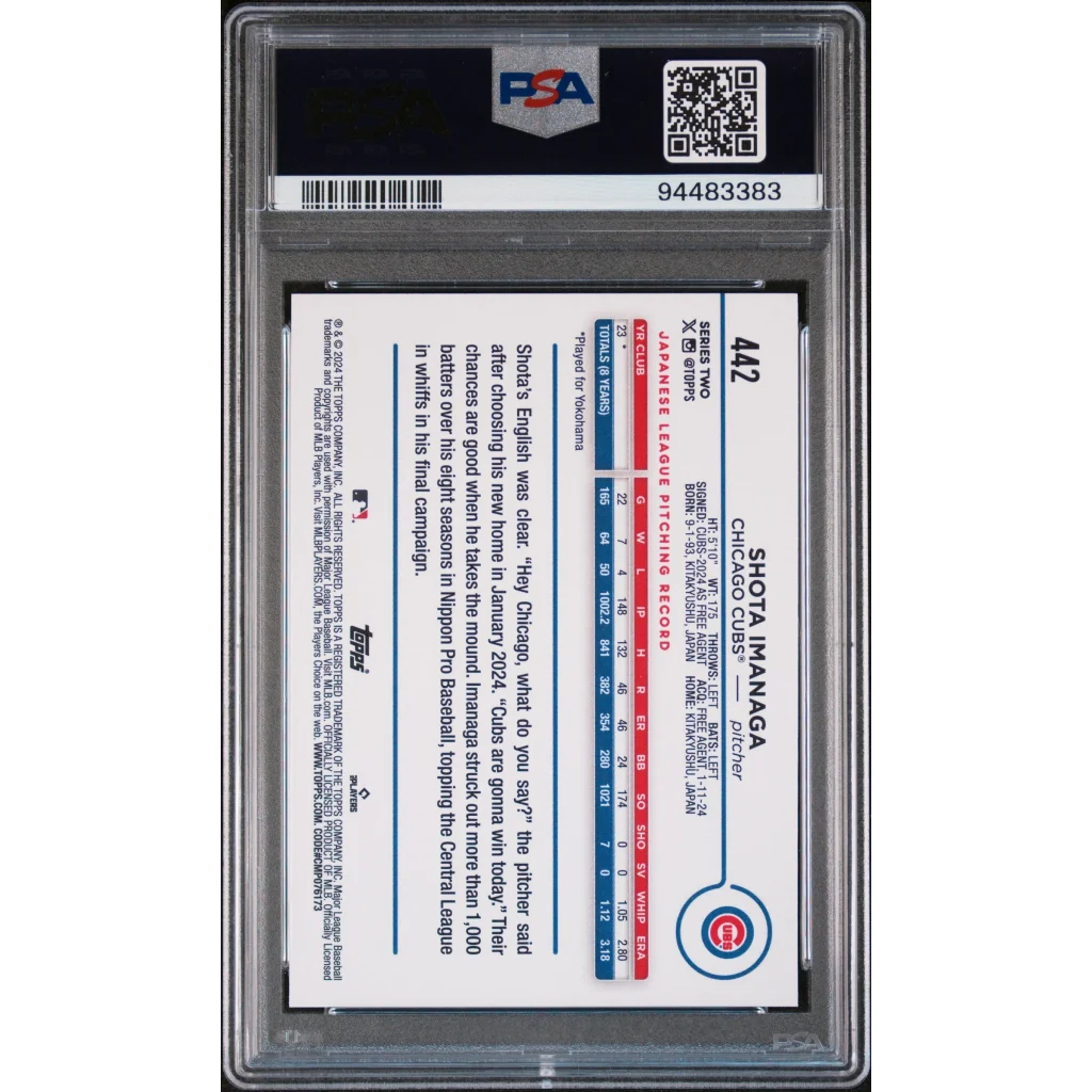 Graded 2024 Topps Shota Imanaga #442 Rookie RC Baseball Card PSA 10 Gem Mint | PSA 10 Gem Mint Graded Rookie Card | vintageantiquesgifts.com