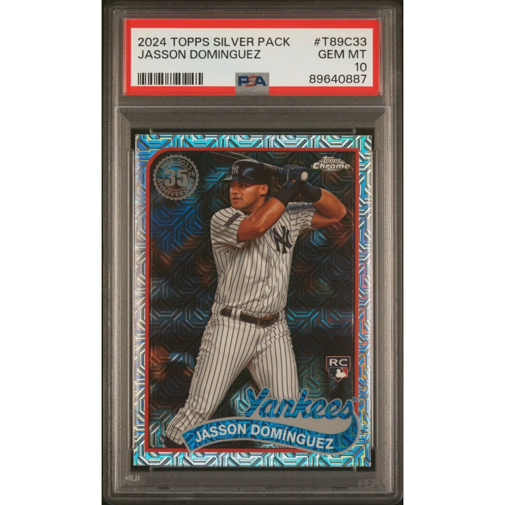 PSA graded 2024 Topps Silver Pack Jasson Dominguez baseball card displayed in a product
