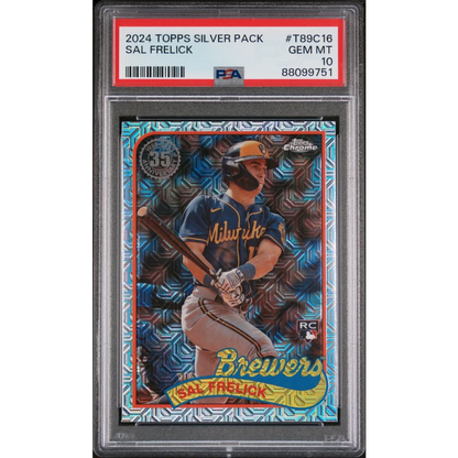 A graded 2024 Topps Silver Pack Sal Frelick baseball card in PSA case