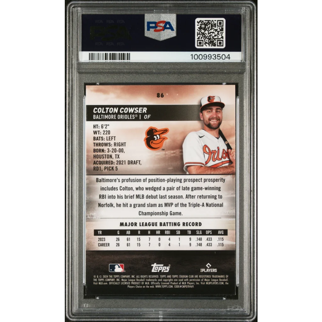 Graded 2024 Topps Stadium Club Colton Cowser #86 Chrome Rookie RC Baseball Card PSA 10 Gem Mint | PSA 10 Gem Mint Graded Rookie Card | vintageantiquesgifts.com